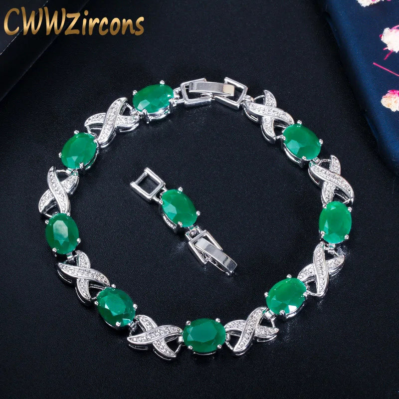 CWWZircons 2022 New Trendy Jewelry Elegant X Cross Oval Green CZ Crystal Ladies Party Tennis Bracelet with Extender CB210