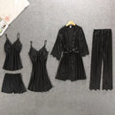 Daeyard Women's Pajamas Silk Floral Overall Print 5Pcs Pajama Set Satin Pyjamas Sexy Lace Pijama Nightie Sleepwear Home Clothes