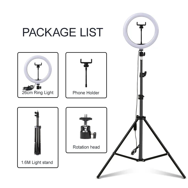 Photo Lights 26cm/10in Circle Ring Light Dimmable Luces LED Selfie USB Plug Lamp For Tiktok Video Studio Light With Tripod Stand