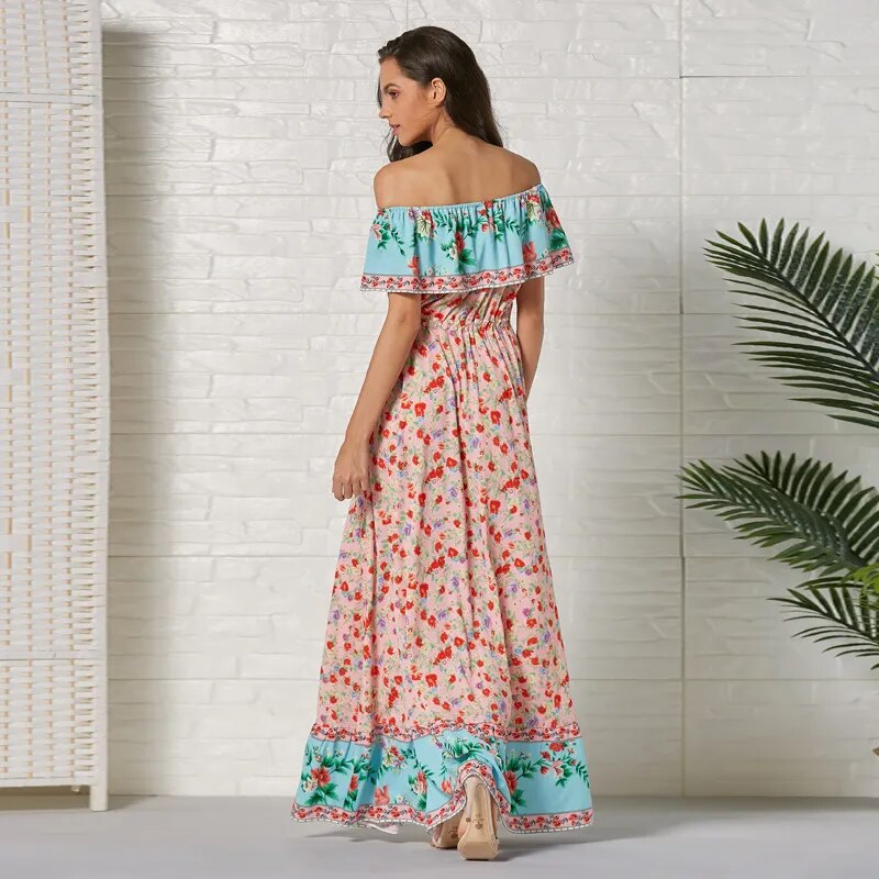 AECU 2021 Women Boho Long Dress Floral Printing Beach Maxi Dress Off Shoulder Vintage Big Pleated Dress Female Vestidos