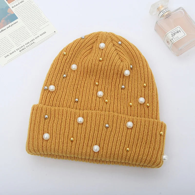 Winter Knitted Beanie Women Fashion Rhinestone Pearls Knitting Hats Ladies Casual Skullies Cap Female Solid Color Casual Bone