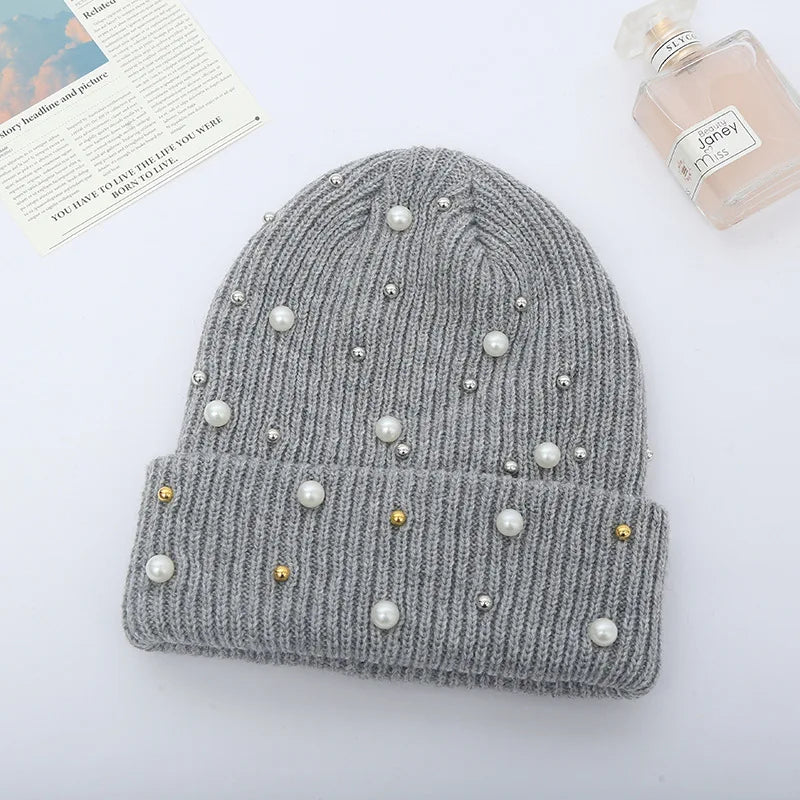 Winter Knitted Beanie Women Fashion Rhinestone Pearls Knitting Hats Ladies Casual Skullies Cap Female Solid Color Casual Bone