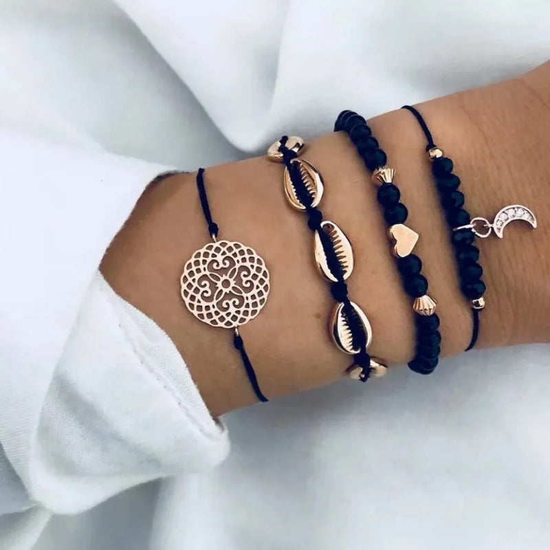 New Bohemian Black Rope Chain Bracelet Set For Women aircraft Shell Moon Heart crystal Charm Bangle Boho Jewelry