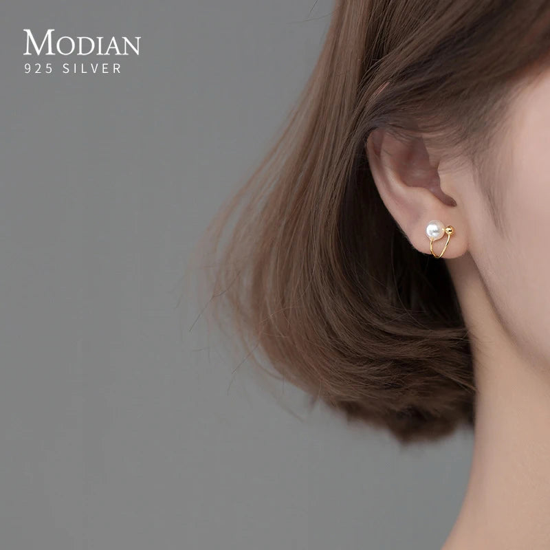 Modian Elegant Clips Earrings Cuff For Women Gold Color Pearl 100% 925 Sterling Silver Ears Brincos Fashion Fine Jewelry