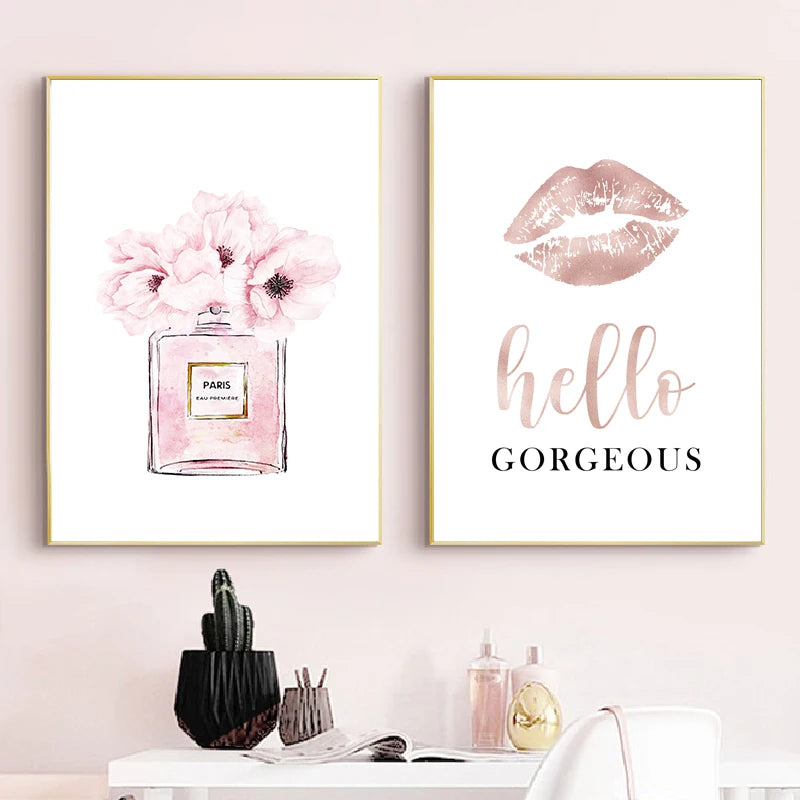 Fashion Eyelashes Lipstick Makeup Posters and Prints Hello Gorgeous Sign Rose Gold Canvas Painting Girls Gifts Wall Art Decor