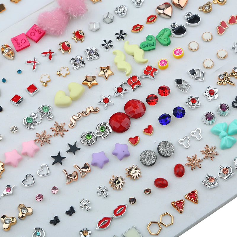 100Pairs Mixed Crystal Heart Star Moon Animal Fruit Pearl Crown Plastic Small Stud Earrings Set For Women Children Jewelry Gifts
