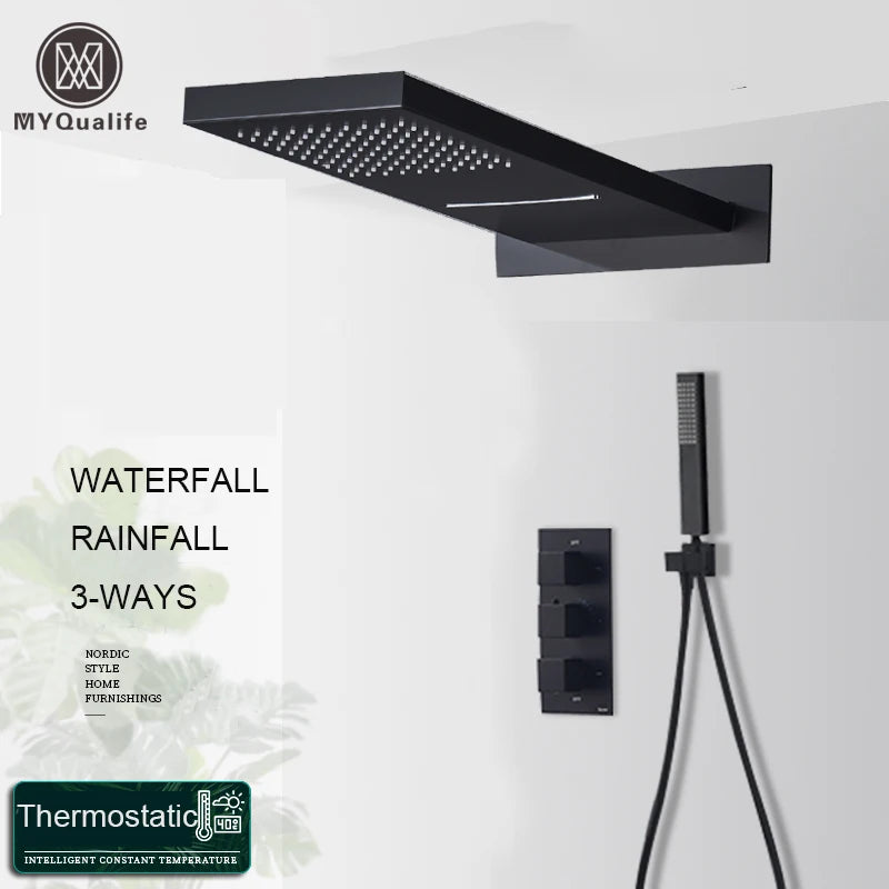 Matte Black  Rain Waterfall Shower Set Thermostatic Mixer Bath Shower Mixer Tap 3 ways Shower Faucet Wall Mounted