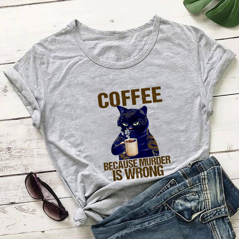 Coffee Cat Printed 100%Cotton Women's Tshirt Cat Mom Life Funny Summer Casual O-Neck Short Sleeve Tops Coffee Lover Gift