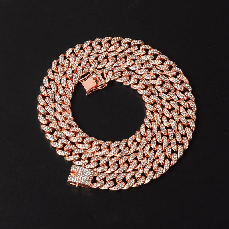 D&Z Hip Hop 13mm Rose Gold Cuban Link Chain For Men Iced Out Bling Rhinestone Chaine Homme Fashion Jewelry Wholesale