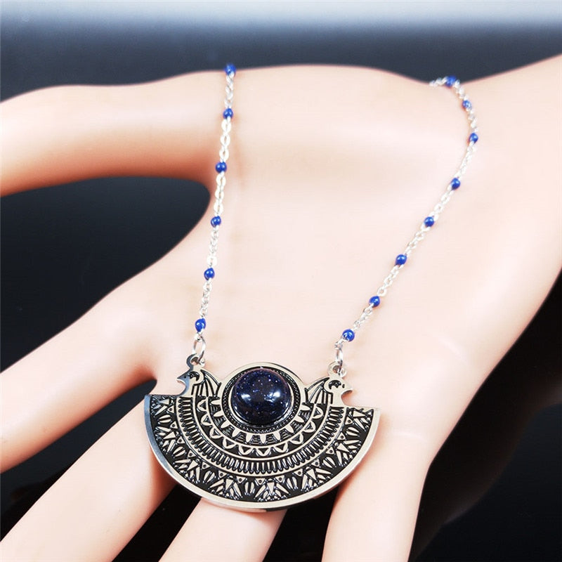 AFAWA Phoenix Bird Stainless Steel Necklace Women Blue Color Natural Stone Statement Necklace Jewelry collar mujer N3312S02