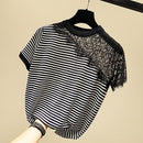 shintimes Lace Tshirt Women Hollow Out Black Striped Short Sleeve T Shirt Woman Clothes Knitted 2020 Summer Tops Tee Shirt Femme