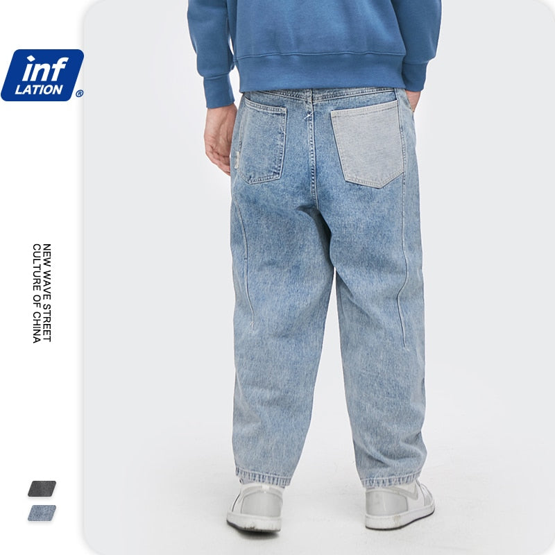 INFLATION Men Denim Pants Solid Patched Baggy Jeans Male Trousers Plus Size