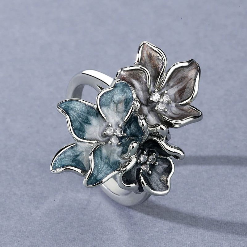2021 Newest Creative Handmade Epoxy Enamel Blue Flower Ring For Ladies Party Birthday Wedding Jewelry Gift