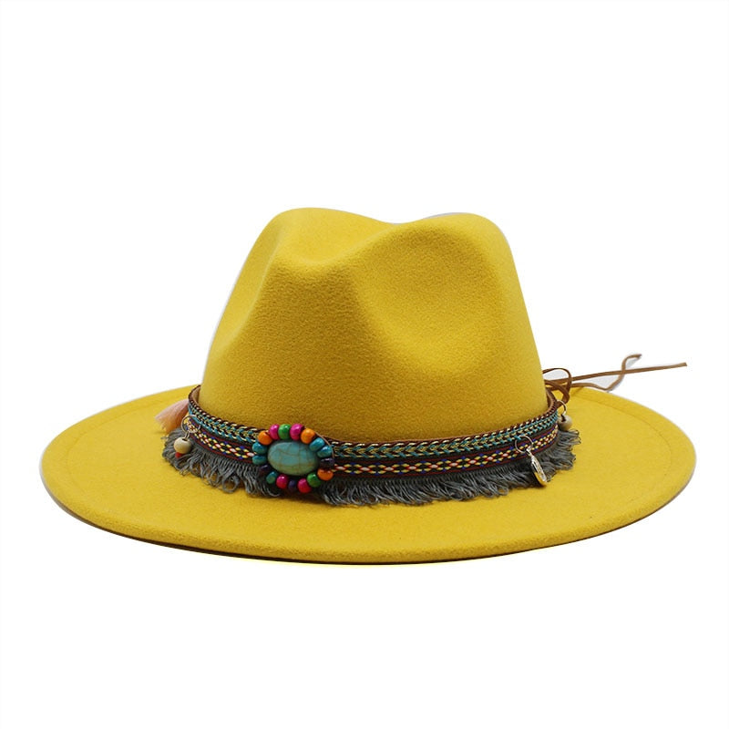 NEW Men Women Wool Felt Jazz Style Fedora Hats Panama Trilby Party Formal Top Hat In BLACK WHITE AND YELLOW with Belt Decor