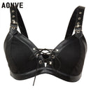 Aonve Steampunk Corset Bra Women Punk Goth Accessories Sexy Gothic Bustier Top Female Black Cotton And Faux Leather Bralette