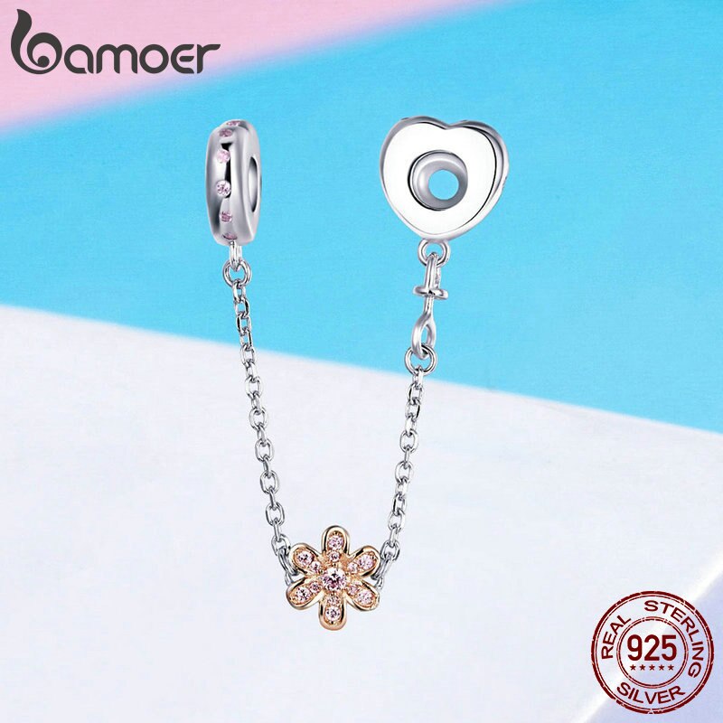 BAMOER Genuine 925 Sterling Silver Love Heart & Flower Safety Chain Stopper Charms fit Pendants  Necklaces DIY Jewelry SCC1113