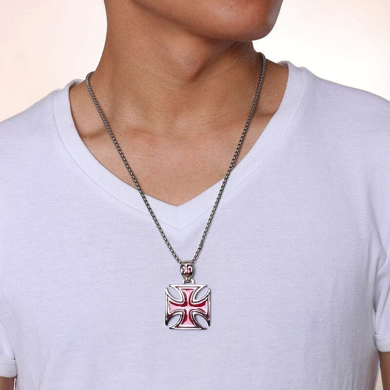 Men Necklace Red Iron Cross Knight Kinghts Templar Pendant Stainless Steel Crusader Male Jewelry