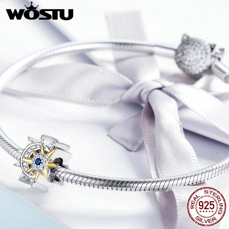 WOSTU 100% 925 Sterling Silver Sun &amp; Moon Charms Clear Zircon Bead Fit Original Bracelet Bangle Pendant Jewelry Making CQC1137