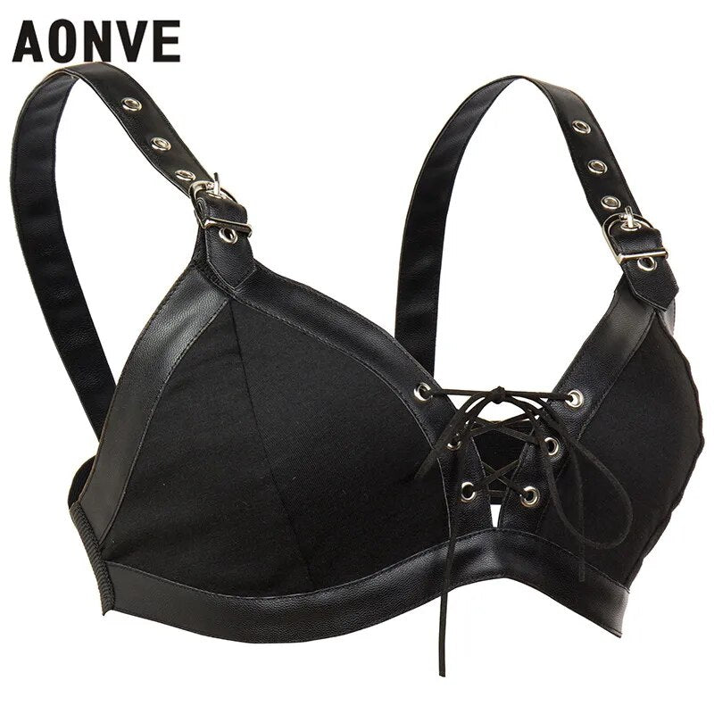 Aonve Steampunk Corset Bra Women Punk Goth Accessories Sexy Gothic Bustier Top Female Black Cotton And Faux Leather Bralette