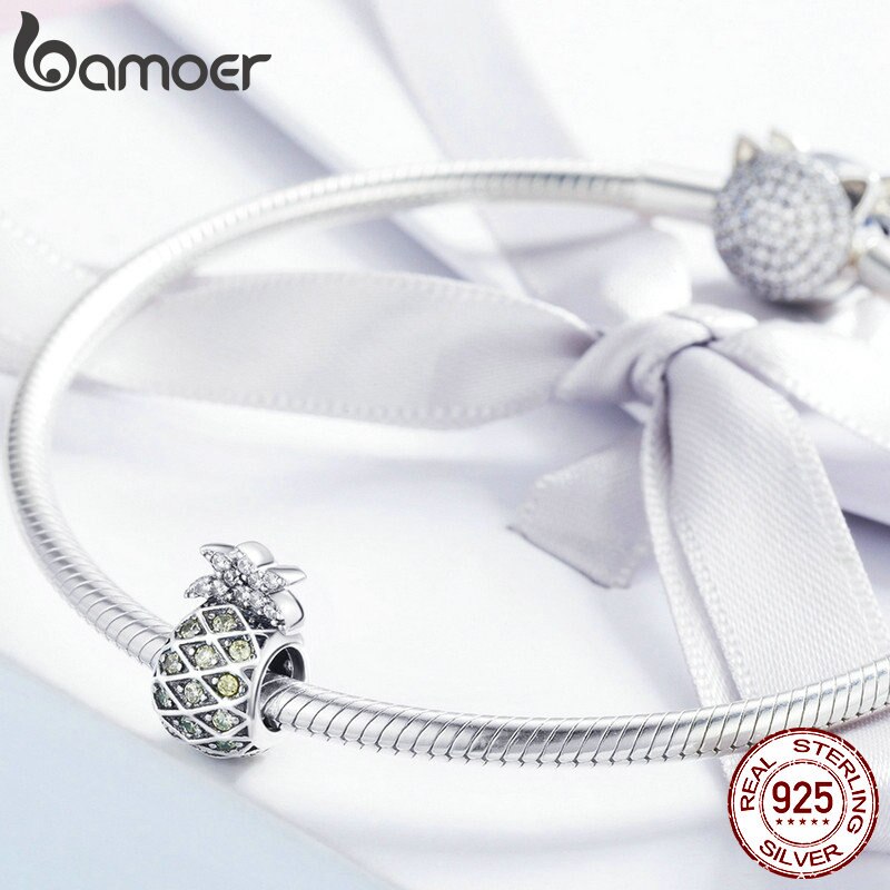 BAMOER Authentic 925 Sterling Silver Summer Pineapple Fruit Crystal CZ Beads Fit Charm Bracelets DIY Jewelry Accessories SCC936
