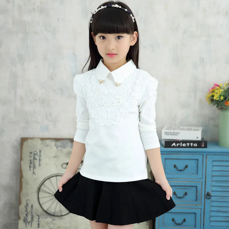 School Girls Blouse Shirts New 2021 Spring Fashion Kids Solid Turn-Down Lace Flower Blouses High Quality Children Cotton Clothes