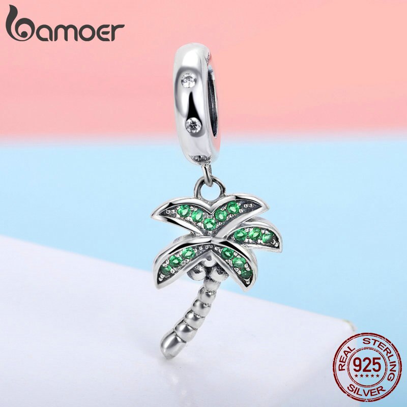BAMOER High Quality 925 Sterling Silver Coconut Tree Charm Green CZ Pendant fit Charm Bracelets DIY Jewelry Making SCC697