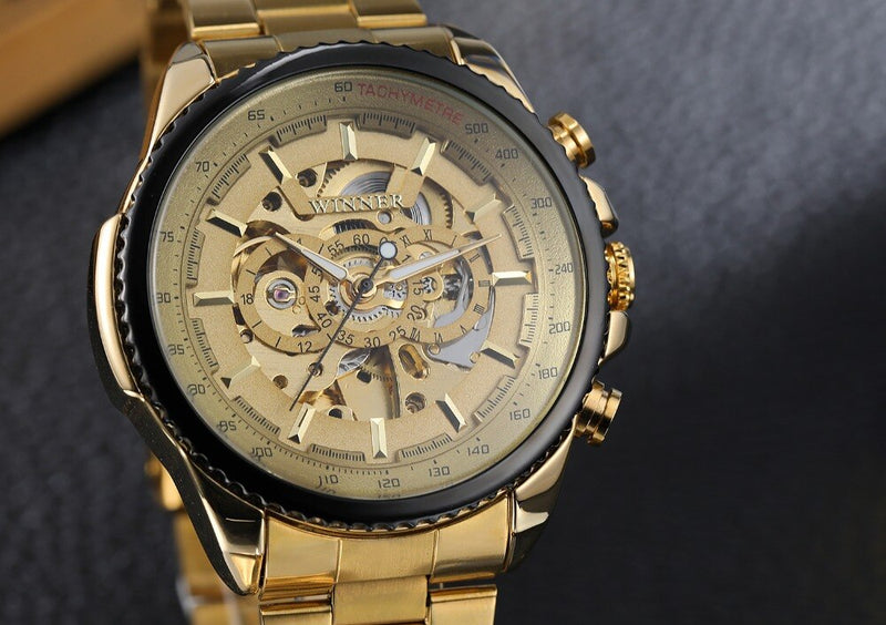 Top Brand Luxury Gold WINNER Men Watch Cool Mechanical Automatic Wristwatch Stainless Steel Band Male Clock Skeleton Roman Dial