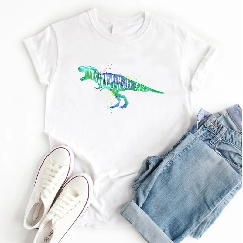 Dinosaur t shirts Women Funny Cartoon Print T-shirt TYRAN NO SAUR US REX Spoof Personality t shirt Design New Summer Casual Tops