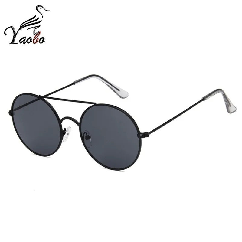 Round Double Bridge Sunglasses Unisex Flat Lens Black Sun Glasses Luxury 2019 Trendy Small Round Sunglasses Women Men UV400