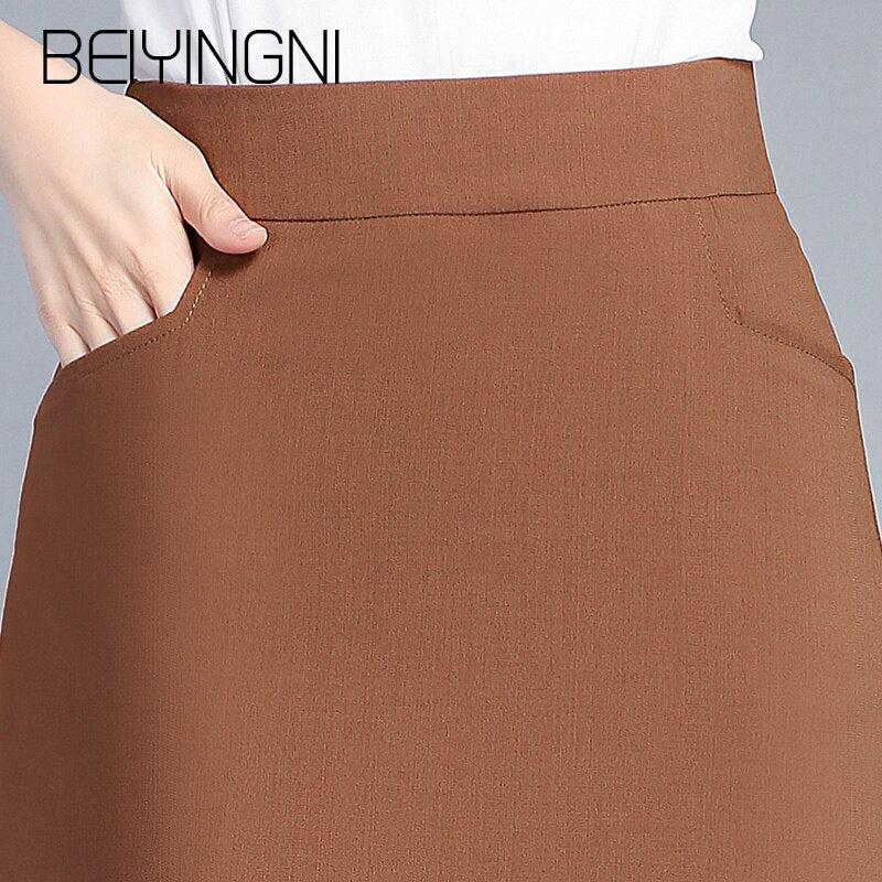 Beiyingni Office Lady Skirts Black Pockets Elastic High Waist Skirt OL Korean Casual Slim Work Wear Midi Skirts Fashion Clothing