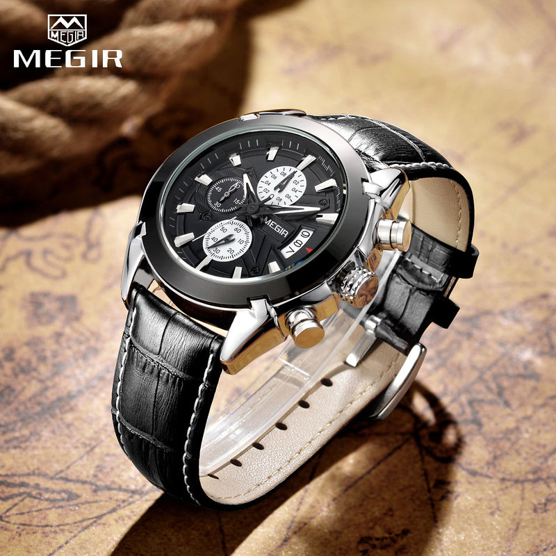 MEGIR Genuine Black Genuine Leather Watches Men Luxury Brand Quartz  Watch racing men Students Game Run Chronograph Wristwatches