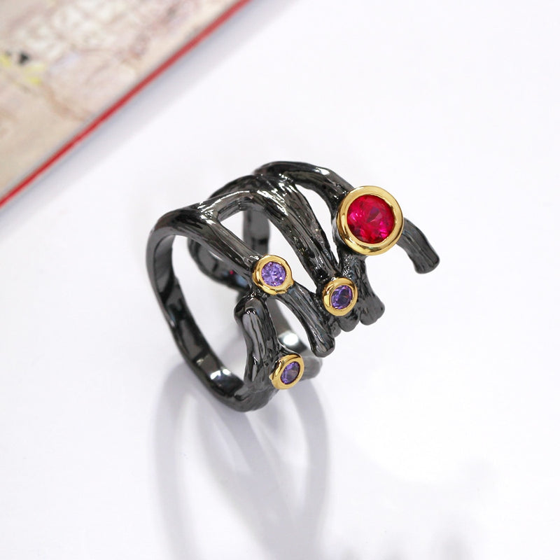 DreamCarnival 1989 Gothic Hollow Ring for Women Rolling Braided Jewelry Fuchsia Purple CZ Vintage Black Color anillos mujer R32