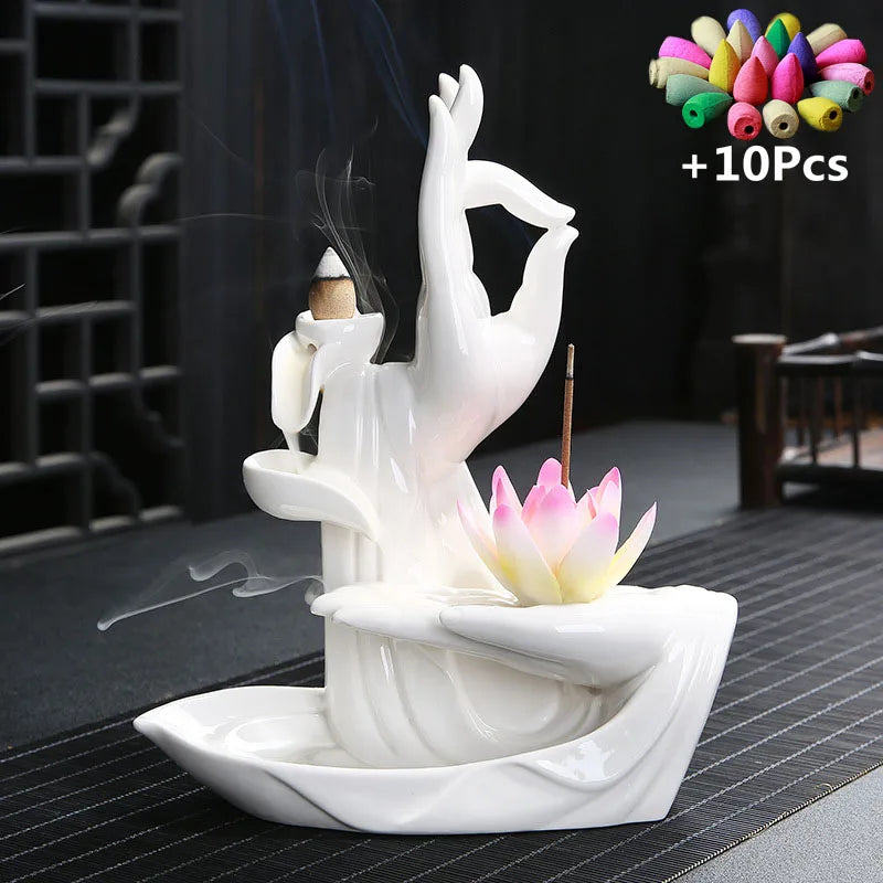 Gift 10Cones White Ceramic Incense Censer Buddha Hand Backflow Incense Burner Lotus Incense Stick Holder