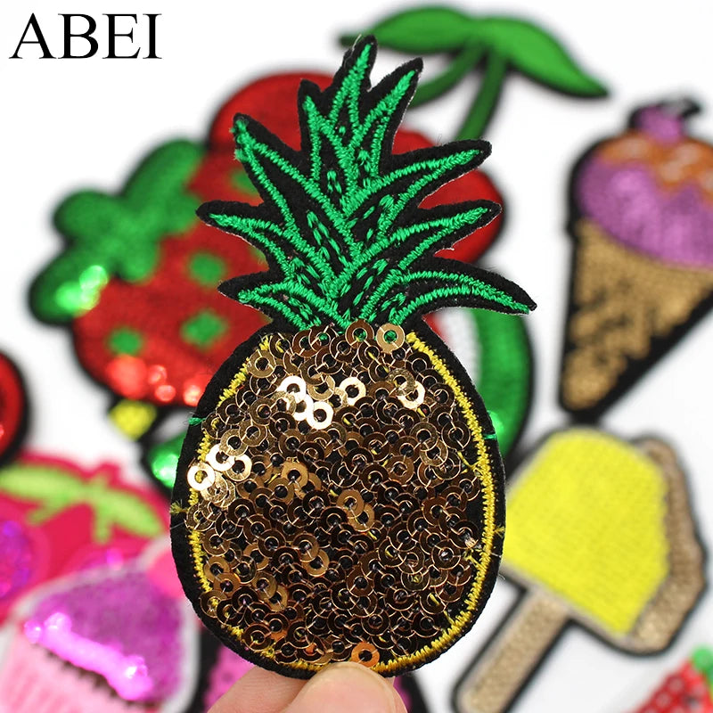 12pcs/lot Mix Sequined Fruits Patches Iron On Ice Cream Stickers for bags DIY Jeans Sweaters Applique Handmade Sewing Patchwork