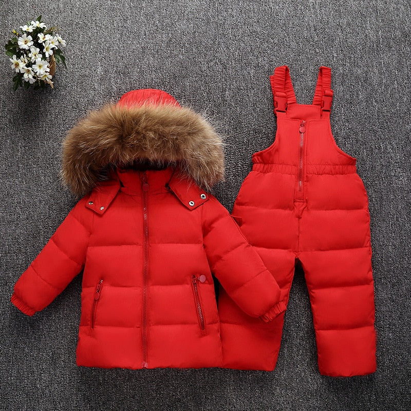 Down Real Fur Hooded Duck Down Jacket for Girls Warm Kids Snow Suit Children 2-5T Coat Snowsuit Winter Clothes Boys Clothing Set