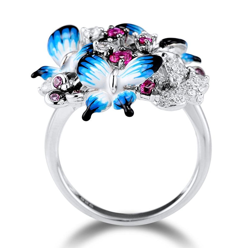 SANTUZZA Silver Ring For Women 925 Sterling Silver Glamorous Butterflies Shiny Cubic Zirconia Ring Fashion Jewelry Enamel