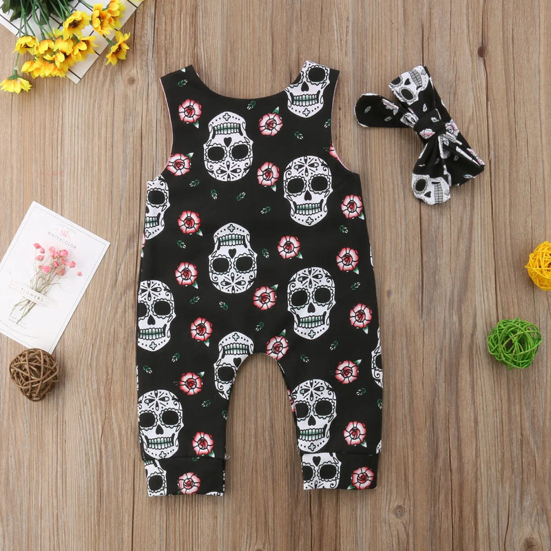 Citgeett Halloween Newborn Skull Floral Baby Boys Girls Romper Sleeveless Jumpsuit Headband Outfits Summer Holiday Clothes