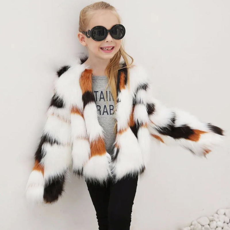 Winter Girls Fur Coat Elegant Baby Girl Faux Fur Jackets Mixing Color Toddler Baby  Girls Coats Thick Warm Outwear TZ117