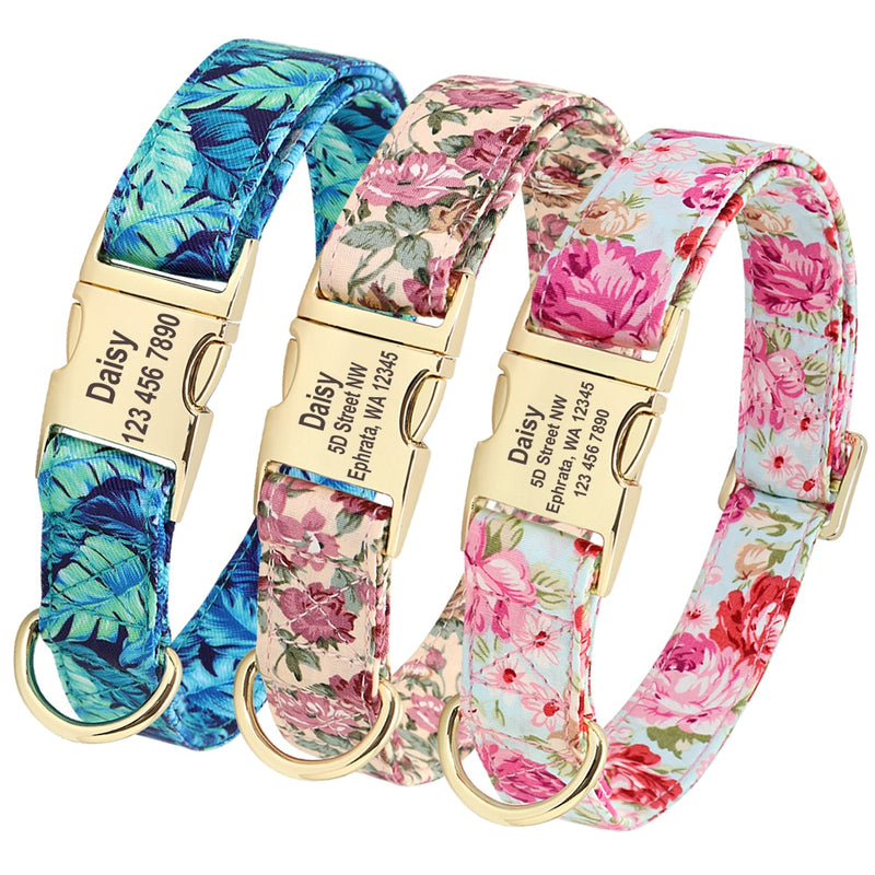 Personalized Floral Dog Collar Custom Small Medium Dog Pet ID Collar Flower Print Nylon Large Dog Engraved Collars for Pitbull