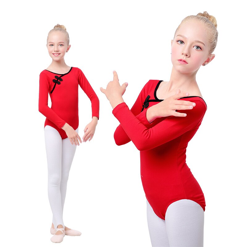 Girls Ballet Dance Leotards Chinese Knot Button Dance Wear Kids Bodysuit Red Gymnastic Leotards Toddler Swimsuit