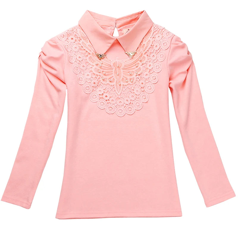 School Girls Blouse Shirts New 2021 Spring Fashion Kids Solid Turn-Down Lace Flower Blouses High Quality Children Cotton Clothes