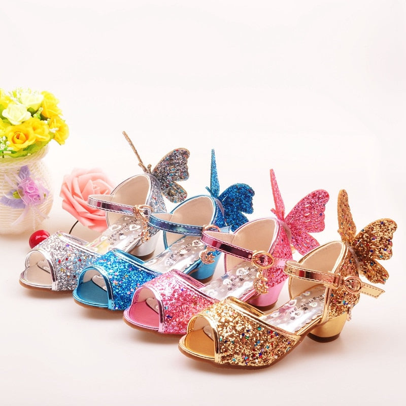 ULKNN Girls Sandals Rhinestone Butterfly pink Latin dance shoes 5-13 years old 6 children 7 summer high Heel Princess shoes kids