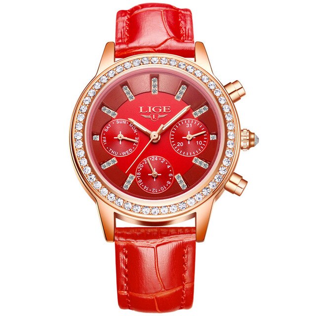 LIGE Top Luxury Brand Women Watches Leisure fashion Leather Quartz Ladies Diamond Dress watch Female gift Relogio Feminino+Box