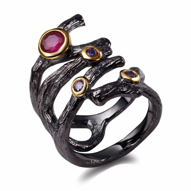 DreamCarnival 1989 Gothic Hollow Ring for Women Rolling Braided Jewelry Fuchsia Purple CZ Vintage Black Color anillos mujer R32