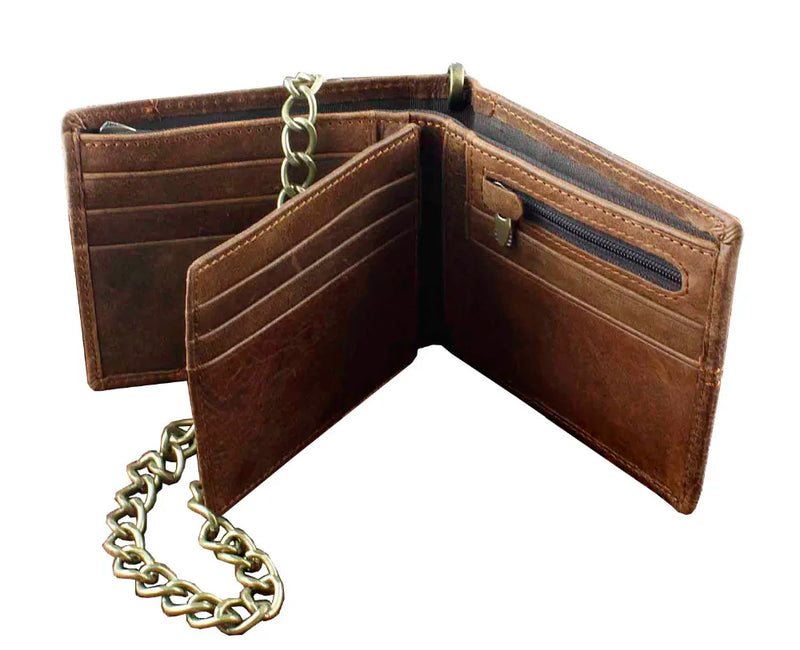 New Vintage Brown Leather Wallet With Chain Mens Bifold /Many Card Holder