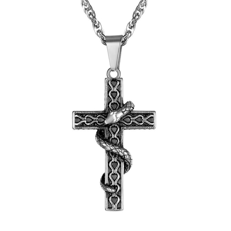 U7 Men 316L Stainless Steel Cross With Snake Pendant Necklaces Punk Gold-Color Animal Men's Chain Necklace Jewelry Gifts P1222