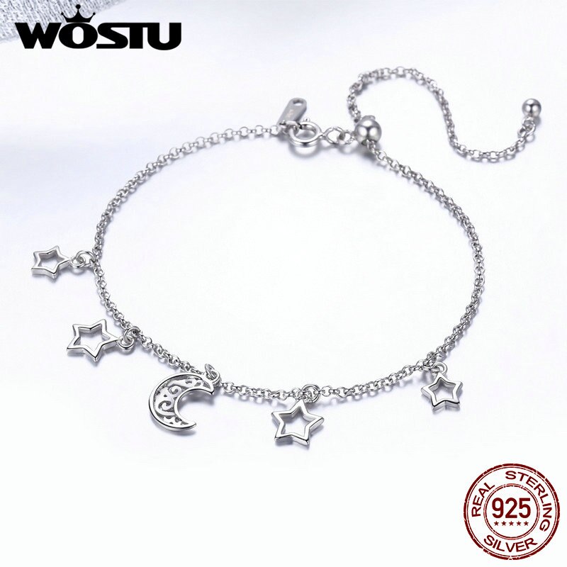 WOSTU Hot Sale Real 925 Sterling Silver Stars & Moon Chain Adjustable Bracelet For Women Girl S925 Silver Jewelry Gift CQB107