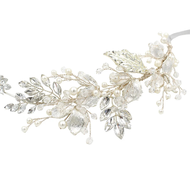Jonnafe Silver Color Leaf Bridal Tiara Headband Women Prom Hair Crown Pearls Jewelry Crystal Wedding Headpiece Hair Acccessories