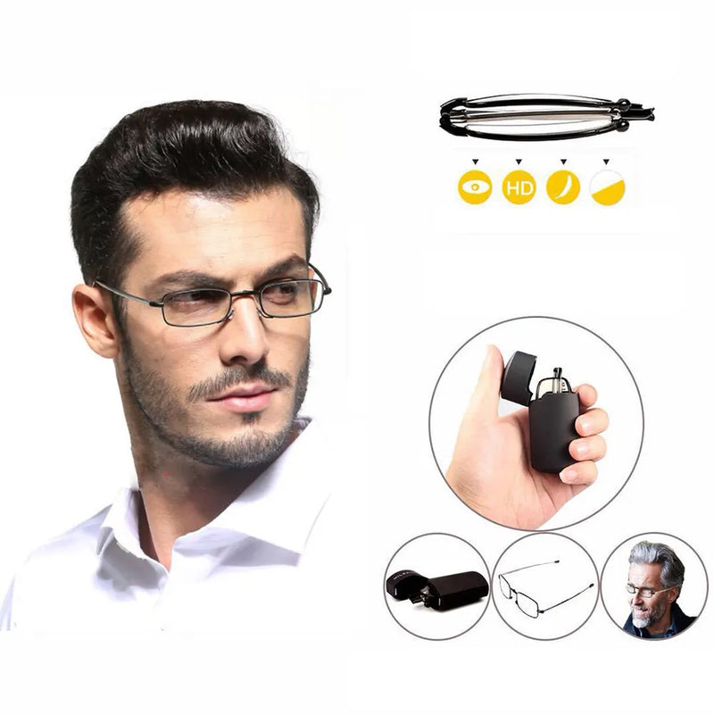 VIVIBEE Mini Size Fold Men Square Reading Glasses 150 Titanium Metal Rectangular Frame Folding Small Women +2 +1.5 Glasses