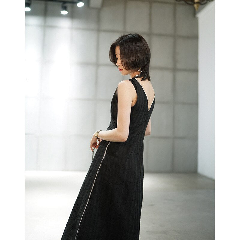 2019 dark black minimalist cool dress small ramie jacquard sleeveless vest dress